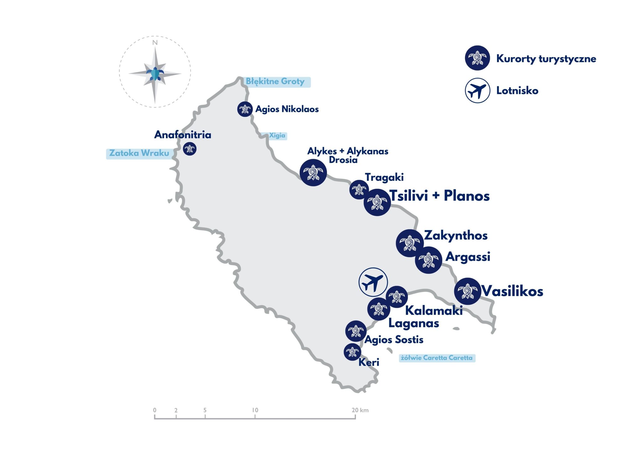 Mapa Zakynthos z zaznaczonymi miejscowościami turystycznymi: Laganas, Kalamaki, Argassi, Tsilivi, Alykes, Alykanas, Vasilikos, Agios Nikolaos, Keri i Zatoka Wraku