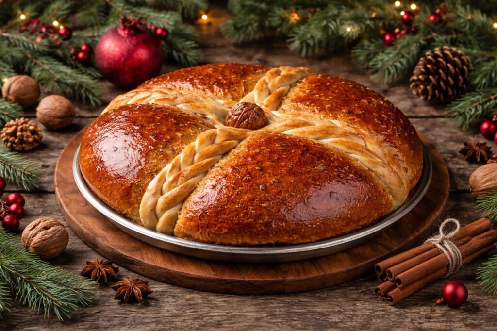 Grecki chleb bożonarodzeniowy Christopsomo na świątecznym stole