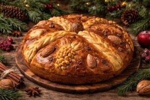 Christopsomo – tradycyjny grecki chleb bożonarodzeniowy z krzyżem i orzechami